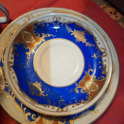 Hira China blue and gold creamer and 2 saucers