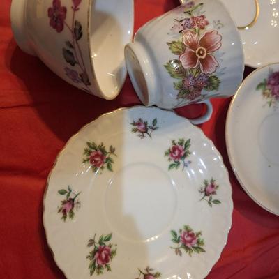 collection of bone China teacups and saucers-mismatched