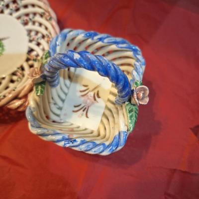 vintage hand painted ceramic lattice trinket dishes made in Spain