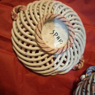 vintage hand painted ceramic lattice trinket dishes made in Spain