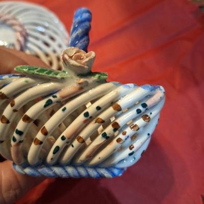 vintage hand painted ceramic lattice trinket dishes made in Spain