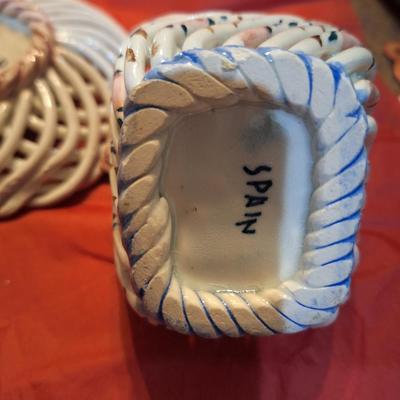 vintage hand painted ceramic lattice trinket dishes made in Spain