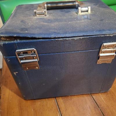 blue vintage train case- young living beauty school