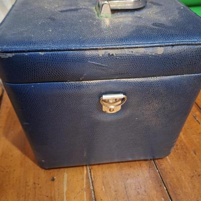 blue vintage train case- young living beauty school