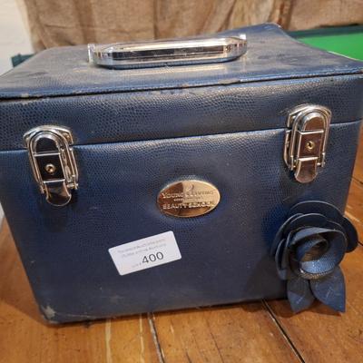 blue vintage train case- young living beauty school