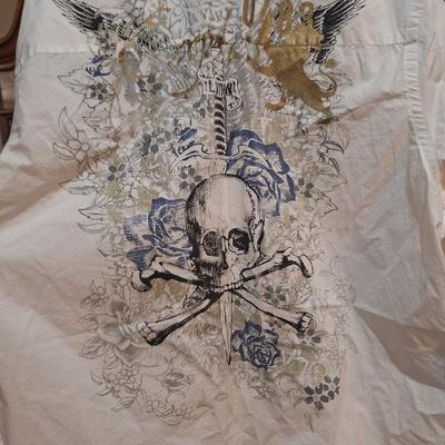 express menls long sleeve buttom up shirt with skull and rose graphic- new
