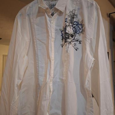 express menls long sleeve buttom up shirt with skull and rose graphic- new