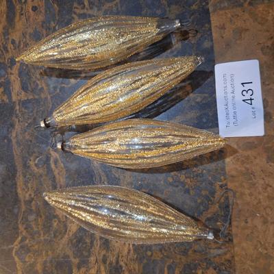 clear glass with gold glitter ornaments