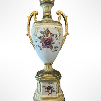 Porcelain Covered Center Urn with Hand-Painted Floral Decoration (See Description)