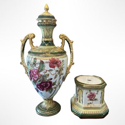 Porcelain Covered Center Urn with Hand-Painted Floral Decoration (See Description)