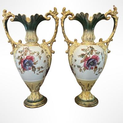 Pair of Porcelain Hand-Painted Floral Vases with Gilt Handles