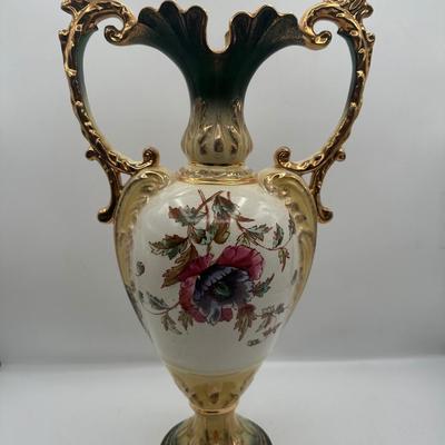 Pair of Porcelain Hand-Painted Floral Vases with Gilt Handles