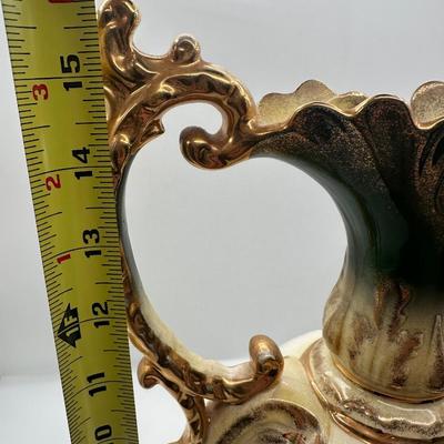 Pair of Porcelain Hand-Painted Floral Vases with Gilt Handles