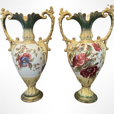Pair of Porcelain Hand-Painted Floral Vases with Gilt Handles
