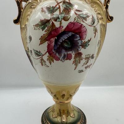 Pair of Porcelain Hand-Painted Floral Vases with Gilt Handles