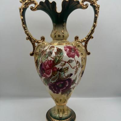Pair of Porcelain Hand-Painted Floral Vases with Gilt Handles