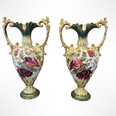 Pair of Porcelain Hand-Painted Floral Vases with Gilt Handles