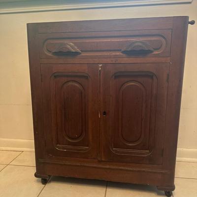 Vintage Wooden Washstand Cabinet on Casters