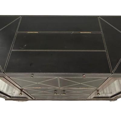 Sale Photo Thumbnail #325: This features black leather panels over wood. There is a mixture of glass and wood fronts. The center of the unit lifts to reveal a bar with plenty of storage for liquor. Glass shelves and hardware are included. The legs may need to be tightened. Measurem