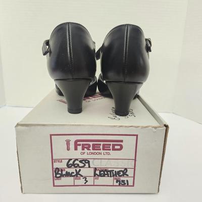 Freed of London Style 6659 Classic Black Leather T Strap Dance Heels Womens Size 3 With Box