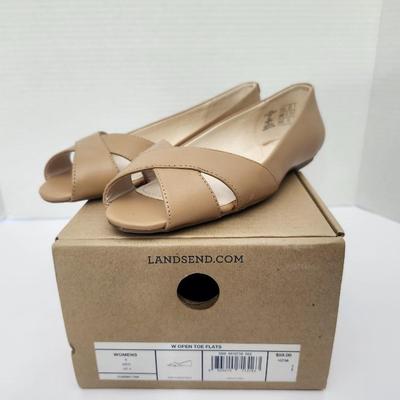 Lands’ End Womens Open Toe Flats Classic Tan Leather Size 6 Medium With Box