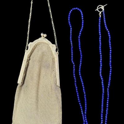 Sale Photo Thumbnail #332: Includes a mesh Deco style purse/wristlet with cabochon, and a lapis toggle necklace. Age related wear. The beaded necklace measures 17”L. [VY]
