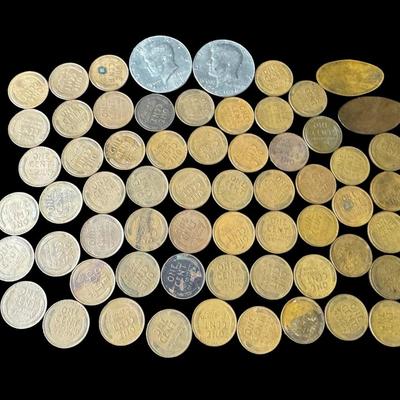 Sale Photo Thumbnail #361: Includes two Kennedy half dollars, 58 Lincoln cents from the 1920s to the 1950s, and two flattened (souvenir) pennies. Total of 62 pieces. [RS]