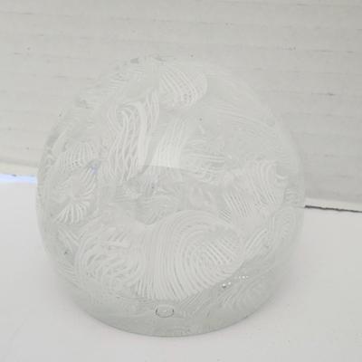 Frosted Clear Glass Paperweight With Swirled Etched Pattern Vintage Decorative Desk Weight