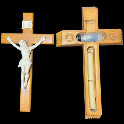 Sale Photo Thumbnail #386: This piece served as a last rites set for a visiting priest. Includes a holy water bottle and candles. It is most likely mid-century. Measurement: 14”L x 9”W. [KD]