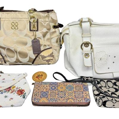 Sale Photo Thumbnail #393: Includes Coach, Benetton, vintage beaded, and more. Total of five pieces. There is age related wear, including some minor staining on the insides. [RY]