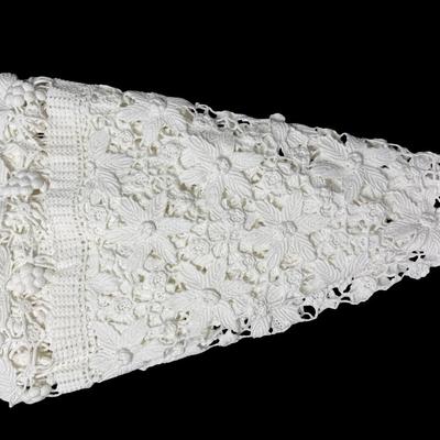 Sale Photo Thumbnail #403: Believed to be made of cotton lace, and white in color. This appears to be unused. Purchased in Italy. Measurement: 54” Diameter. [RY]