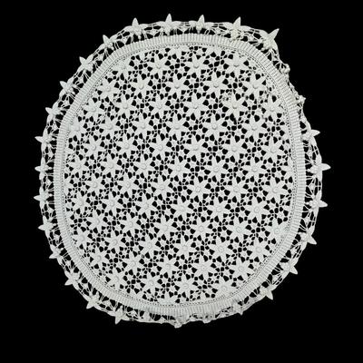 Sale Photo Thumbnail #404: Believed to be made of cotton lace, and white in color. This appears to be unused. Purchased in Italy. Measurement: 54” Diameter. [RY]