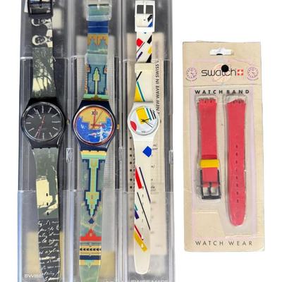 Sale Photo Thumbnail #408: Includes watches from the late 1980s or early 1990s. Both men’s and ladies’ pieces. These have easy to remove battery compartments. Total of ten watches and one spare band. The band on one of the watches is broken. Not tested. [RY]