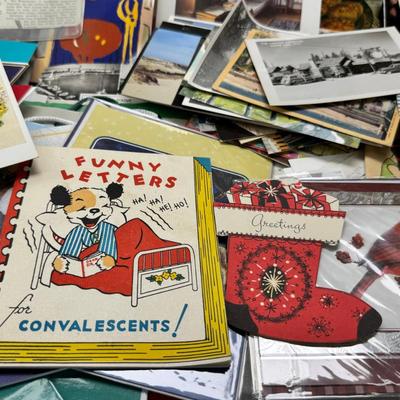 Sale Photo Thumbnail #25: Prohibito El Paso! Cook books, post cards, collection of unused vintage cat them Christmas cards, resin 1970 spoon holders with dried plants. Brochures, 1960's kids artwork. Classic wrapping paper sheets.1940s 1950s humorous cards, brochures.