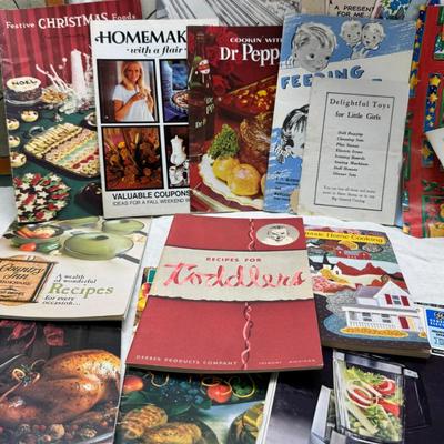 Sale Photo Thumbnail #35: Prohibito El Paso! Cook books, post cards, collection of unused vintage cat them Christmas cards, resin 1970 spoon holders with dried plants. Brochures, 1960's kids artwork. Classic wrapping paper sheets.1940s 1950s humorous cards, brochures.