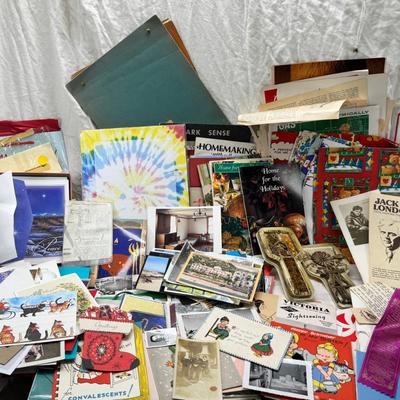 Sale Photo Thumbnail #23: Prohibito El Paso! Cook books, post cards, collection of unused vintage cat them Christmas cards, resin 1970 spoon holders with dried plants. Brochures, 1960's kids artwork. Classic wrapping paper sheets.1940s 1950s humorous cards, brochures.