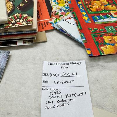 Sale Photo Thumbnail #36: Prohibito El Paso! Cook books, post cards, collection of unused vintage cat them Christmas cards, resin 1970 spoon holders with dried plants. Brochures, 1960's kids artwork. Classic wrapping paper sheets.1940s 1950s humorous cards, brochures.