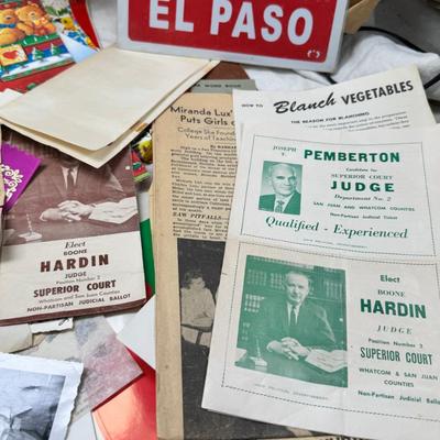 Sale Photo Thumbnail #38: Prohibito El Paso! Cook books, post cards, collection of unused vintage cat them Christmas cards, resin 1970 spoon holders with dried plants. Brochures, 1960's kids artwork. Classic wrapping paper sheets.1940s 1950s humorous cards, brochures.