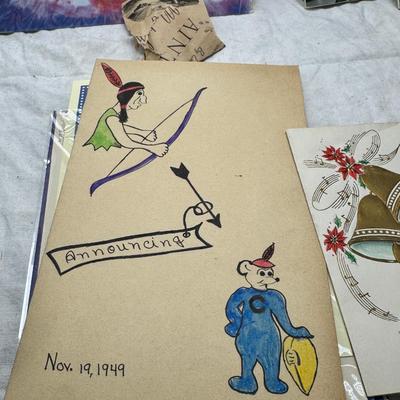 Sale Photo Thumbnail #32: Prohibito El Paso! Cook books, post cards, collection of unused vintage cat them Christmas cards, resin 1970 spoon holders with dried plants. Brochures, 1960's kids artwork. Classic wrapping paper sheets.1940s 1950s humorous cards, brochures.