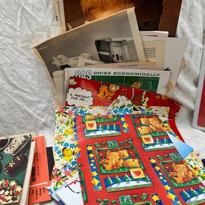 Sale Photo Thumbnail #37: Prohibito El Paso! Cook books, post cards, collection of unused vintage cat them Christmas cards, resin 1970 spoon holders with dried plants. Brochures, 1960's kids artwork. Classic wrapping paper sheets.1940s 1950s humorous cards, brochures.