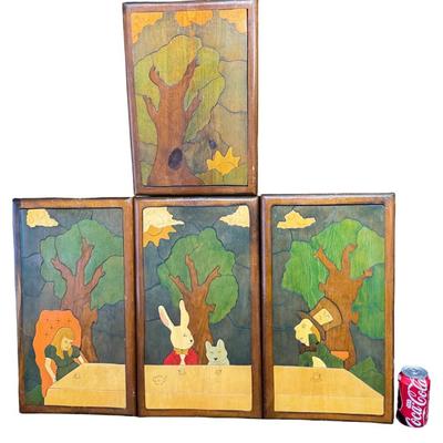 Sale Photo Thumbnail #432: This vintage piece is in four panels. It depicts a scene from the story, including Alice, The Mad Hatter, and other characters. This has great vintage patina. There are some minor cracks on the framing only, and a few areas of scratches on the puzzle piec