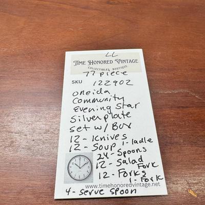 Sale Photo Thumbnail #48: Oneida Community Evening Star 77 piece set with serving pieces in good condition.  Very heavy with storage box , can be shipped.