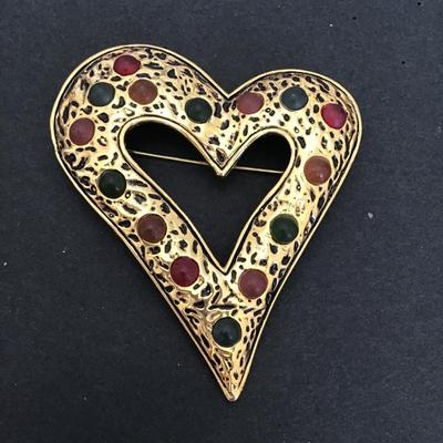 Sale Photo Thumbnail #210: Vintage Gold Tone Heart with Multi Colored cabochon please see attached photos