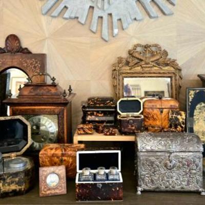 Collection of boxes, jewel cases, bracket clock, inkwells and lacquer boxes