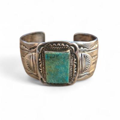 Sale Photo Thumbnail #19: Vintage Navajo strling cuff with turquoise $980