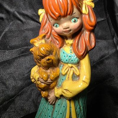 Vintage 1970s Ceramic Girl with Dog Figurine – Hand-Painted Mod Era Decorative Collectible