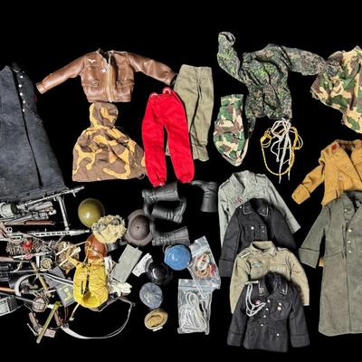 Sale Photo Thumbnail #459: Includes uniforms, hats, boots, rifles, gloves, swords, and more. Total of 70+ pieces. Believed to be for 1/6 scale figures. Age related wear. [JS]