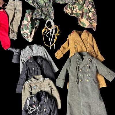 Sale Photo Thumbnail #460: Includes uniforms, hats, boots, rifles, gloves, swords, and more. Total of 70+ pieces. Believed to be for 1/6 scale figures. Age related wear. [JS]