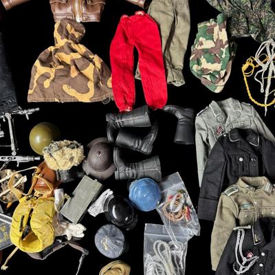 Sale Photo Thumbnail #461: Includes uniforms, hats, boots, rifles, gloves, swords, and more. Total of 70+ pieces. Believed to be for 1/6 scale figures. Age related wear. [JS]