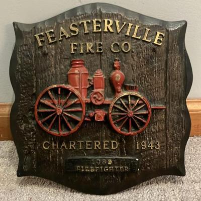 Vintage 1982 Feasterville Fire Company Handcrafted Resin Plaque – Faux Wood Grain, Antique Steam Pumper, by Walter E. Lee Company